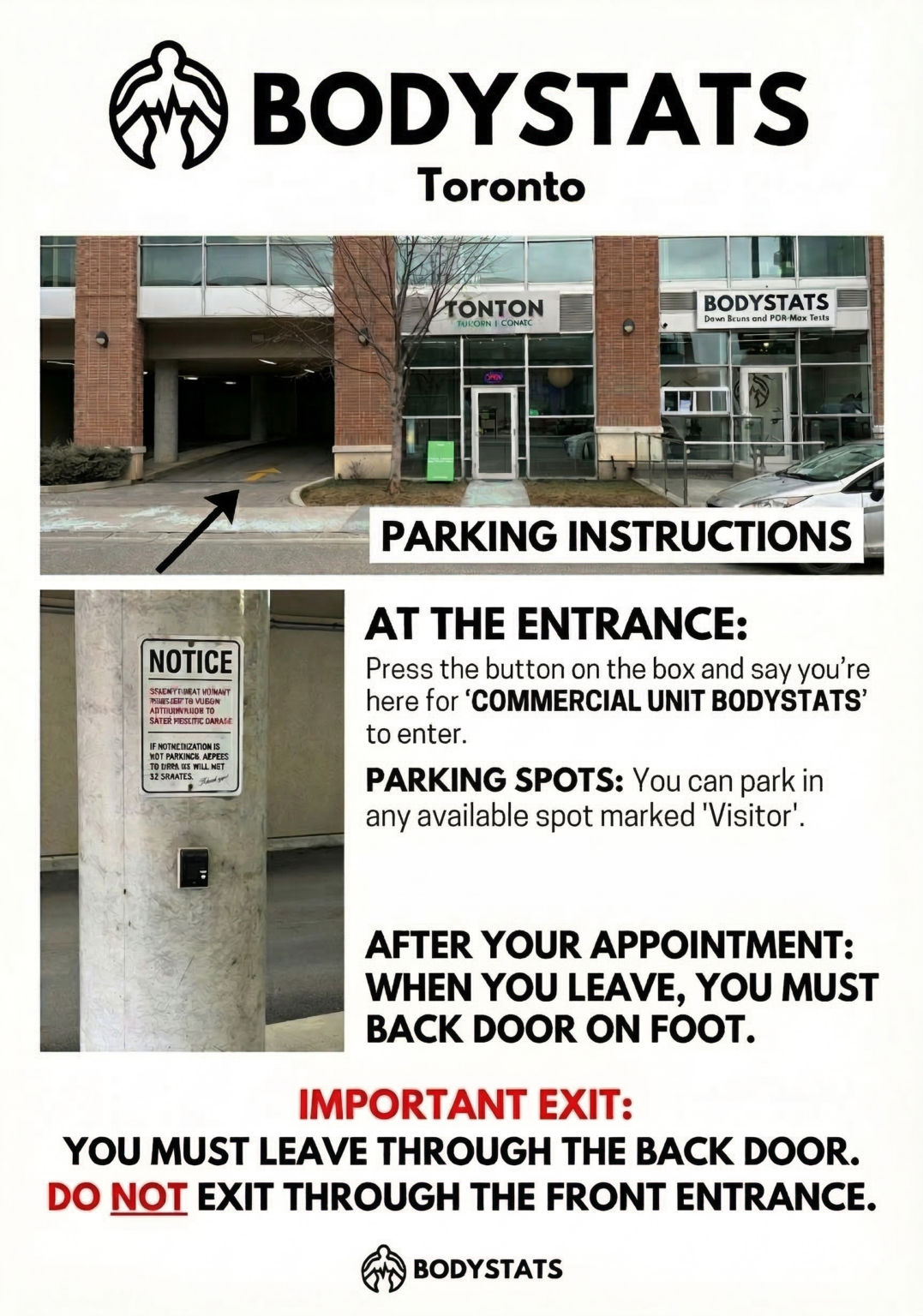 Parking directions map for BodyStats Toronto at 100 Western Battery Road, Liberty Village — free parking available on-site
