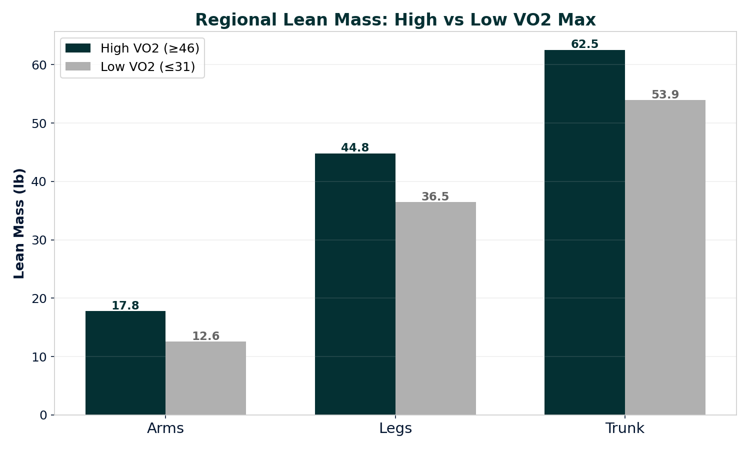 Regional lean mass comparison by VO2 max group