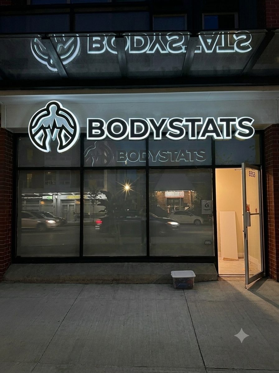 Design render of the BodyStats Fraser Street storefront at night