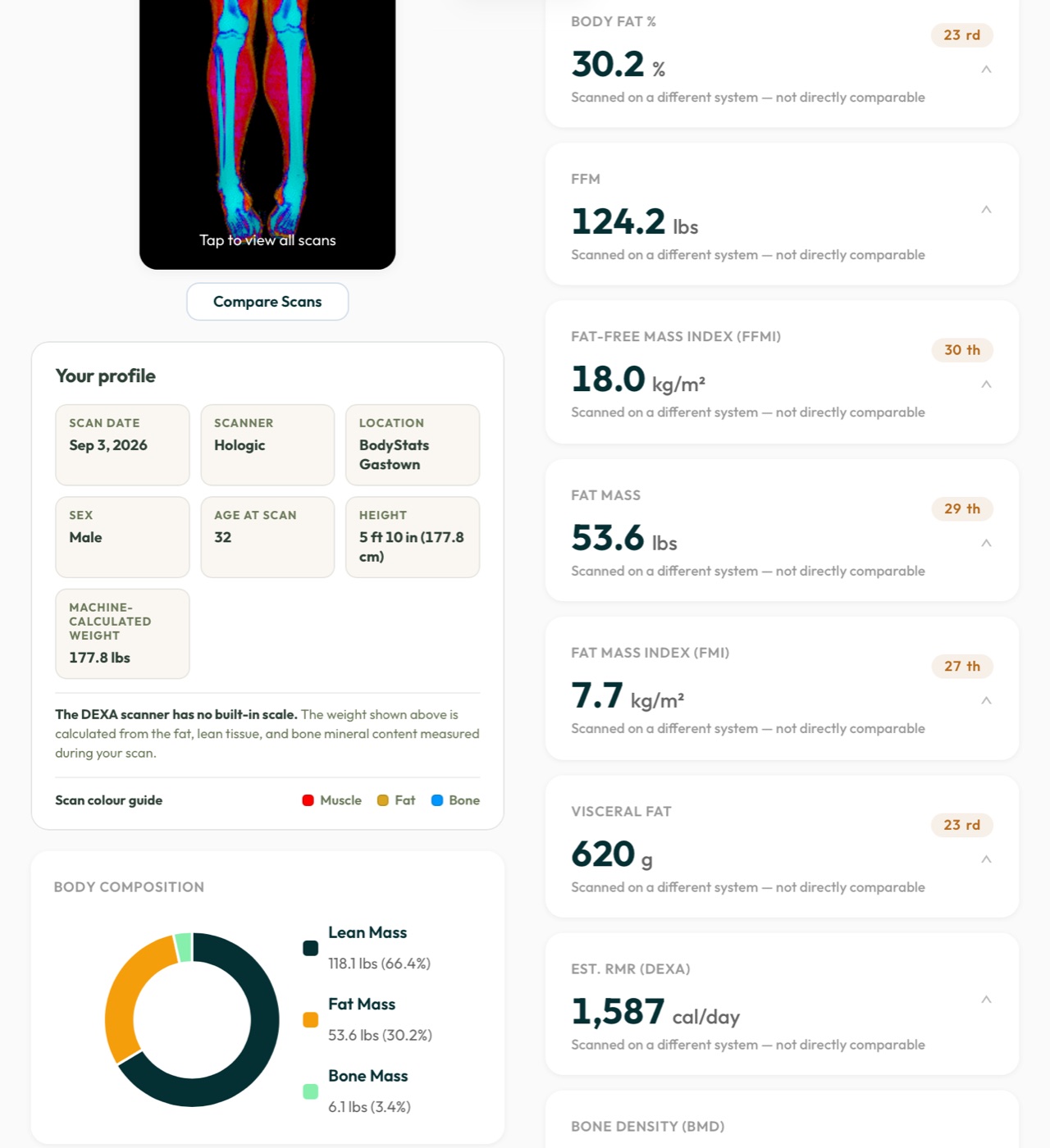 DEXA stats cards with percentile ranks