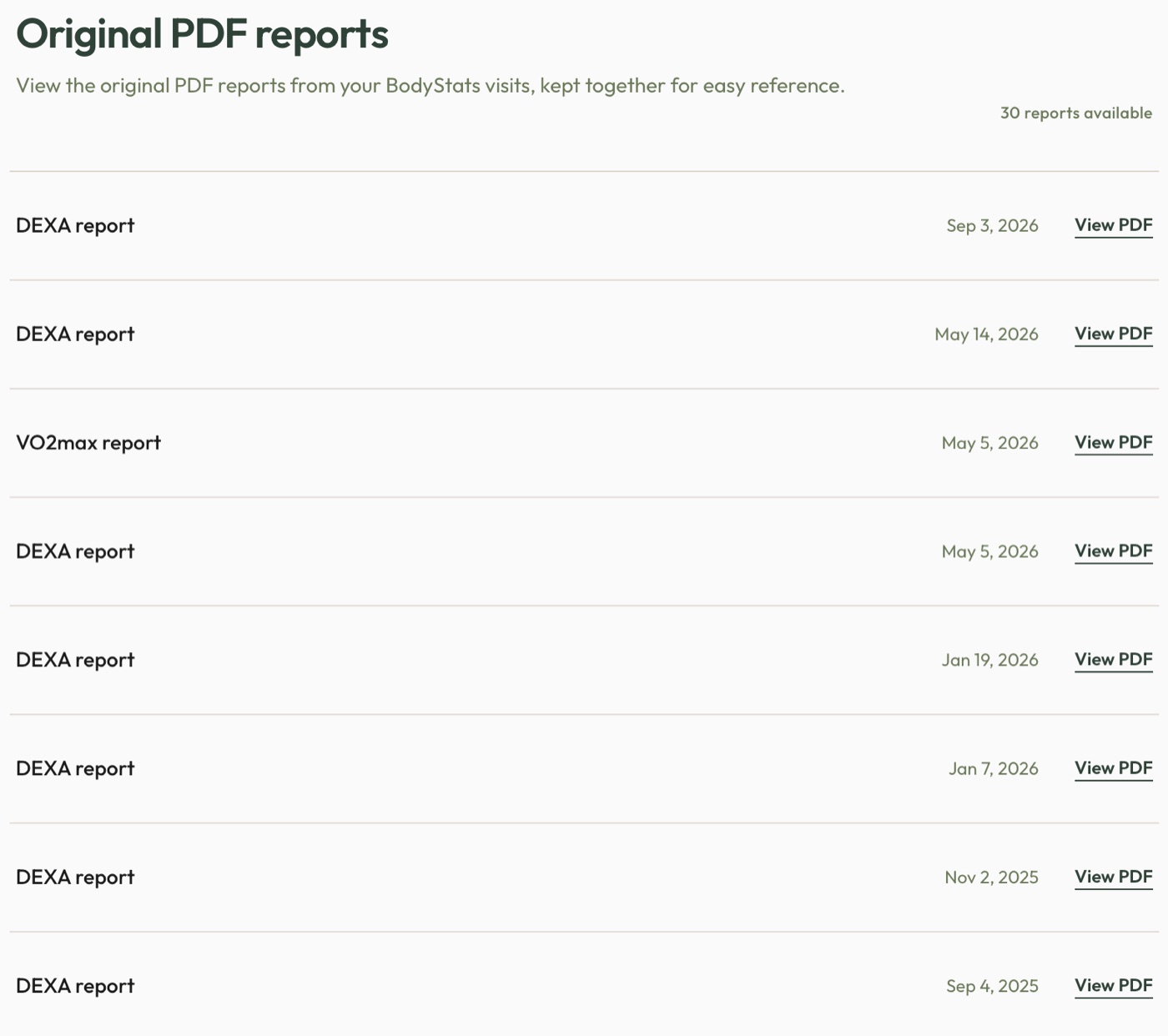 The PDF Reports tab listing original DEXA and VO2 max reports