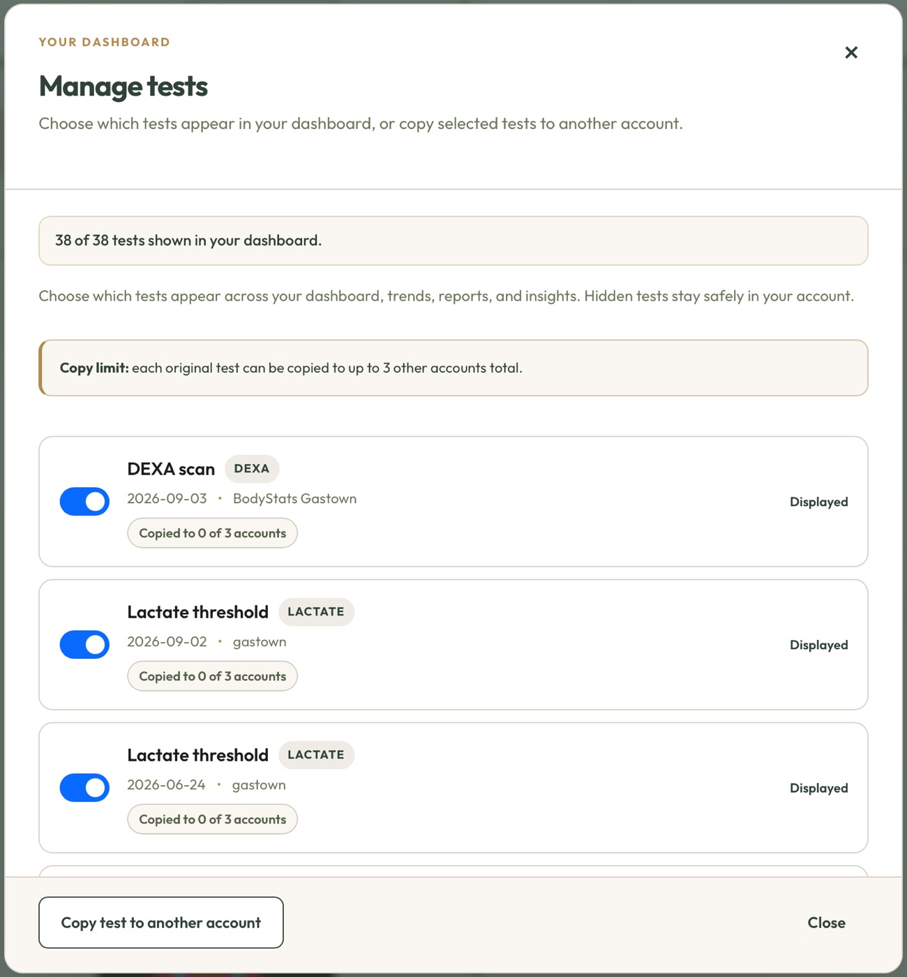 Manage tests: show, hide or copy tests