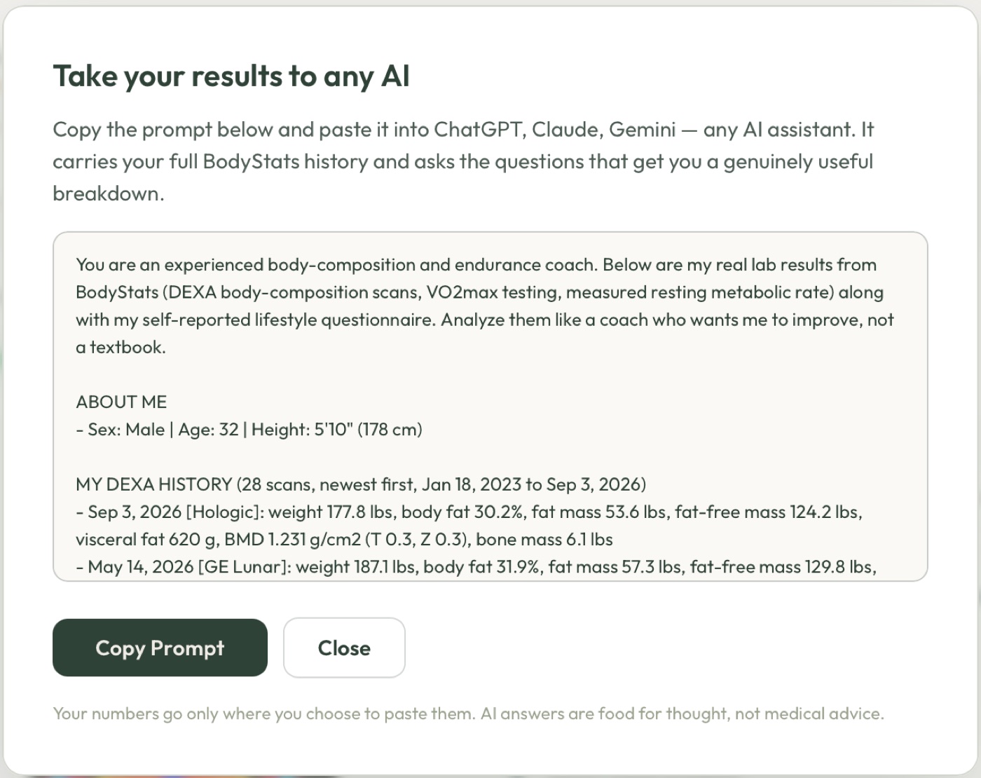 Ask AI prompt with BodyStats history