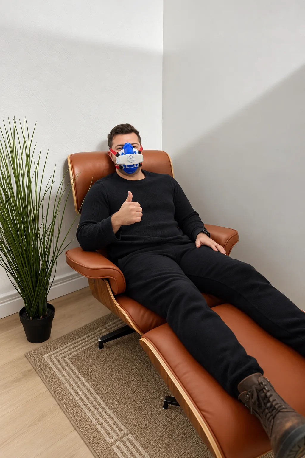 Client relaxing in a leather recliner during a resting metabolic rate test